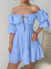 Calvaya Vestido corto con hombros descubiertos, volantes, lazo y volante en el bajo, vestimenta femenina y elegante para mujeres