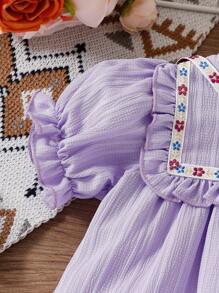 2pcs/Set Baby Girls Ivory Round Neck Frilled Hem Short Sleeve Top With Zipper And Floral Trim, Cute & Comfortable For Spring/Summer/Autumn - Purple - View 5