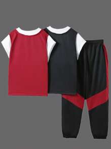 3Pcs/Set Boys' & Young Men's Contrast Color Sporty Short Sleeve T-Shirt With Outdoor Sports Drawstring Pants, For Basketball, Jogging, Workout - Multicolor - View 3