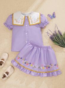 SHEIN 2pcs/Set Girls Vintage French School Style Sailor Top + Pleated Skirt Suit, Contrast Color Collar & Puff Sleeves, Cute & Sweet For Summer - Purple - View 2
