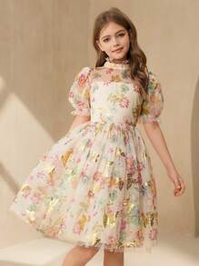 SHEIN 优雅女孩网眼花朵装饰公主裙，伴娘礼服，中长款，简约 - 杏色 - 查看 7