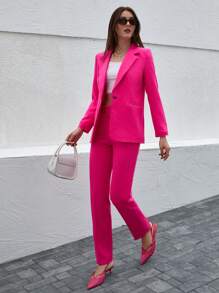 Lapel Neck Blazer & Slant Pocket Self Buckle Belted Suit Pants - Pink - View 3