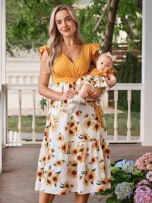 SHEIN Maternity Casual Contrast Color Patchwork Sunflower Print Dress  Sunflower Print Women Summer Clothes Dress Woman S Summer Clothes
