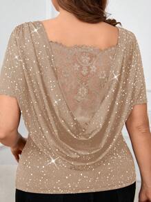 SHEIN Clasi Plus Size Women Elegant Contrast Lace Short Sleeve Open Back T-Shirt Imitation Sequins - Khaki - View 2