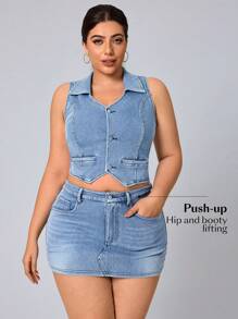 SHEIN Essnce Plus Size Women Fitted Minimalist Denim Jacket - Blue - View 8