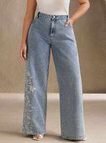 Anewsta Pantalón largo elegante con bordado floral para mujer de talla grande, diseño urbano y sofisticado