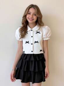 Girls Summer Short Sleeve Bowknot Collar Blouse & Skirt Set