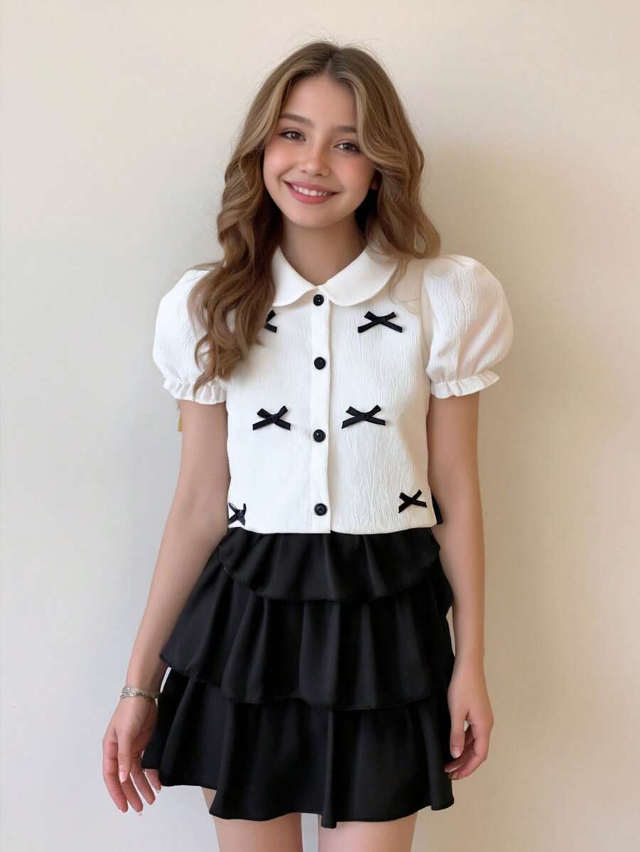 Girls Summer Short Sleeve Bowknot Collar Blouse & Skirt Set