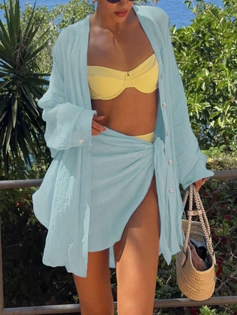 INAWLY 2 件女士休闲套装：纯色落肩长袖单排扣衬衫和中长裙