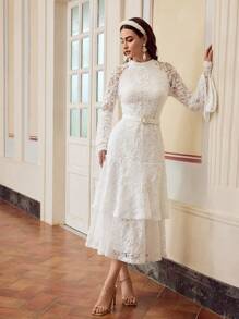 ZEYLAH Đầm tay loe eo cao cổ có viền xếp nếp - trắng - Xem 5