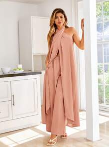 KURAYIA Plus Size Open Shoulder Top And Wide Leg Pants 2 Pieces Set, Spring Break