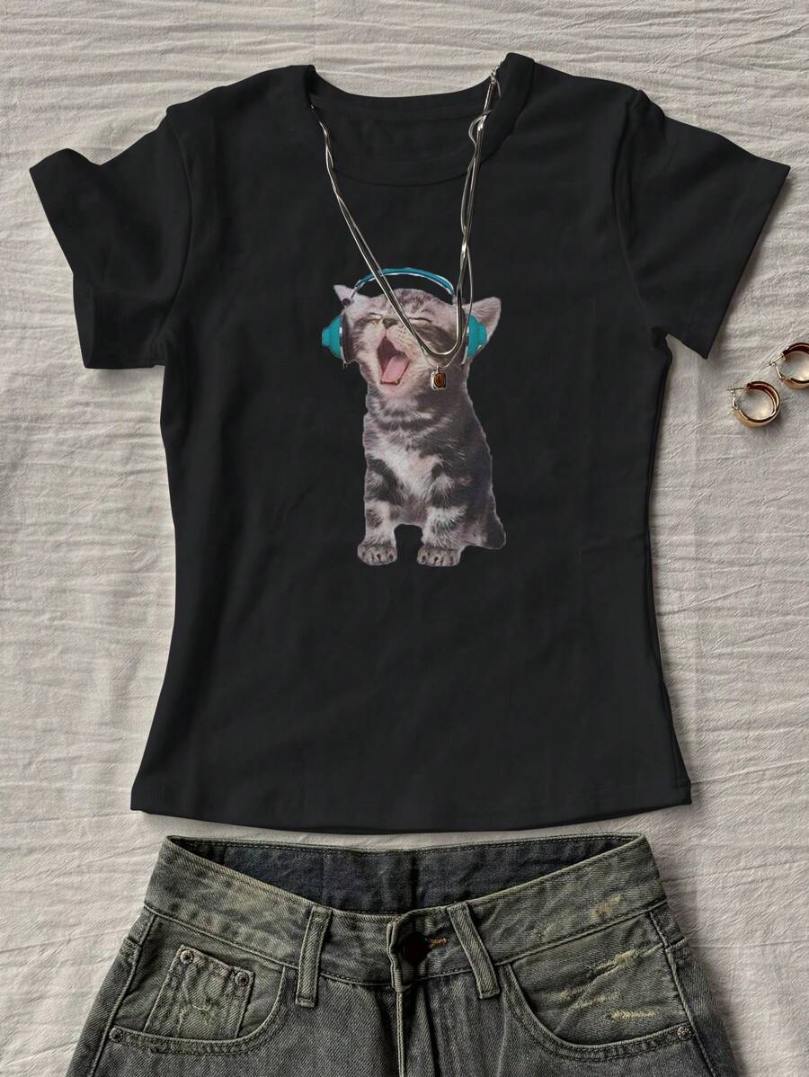 INAWLY Áo thun nữ cổ tròn tay ngắn in hình mèo vừa vặn - màu đen - Xem 1