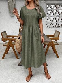 Vestido casual de media pantorrilla con doble bolsillo para mujeres de vacaciones - Verde - Ver 4