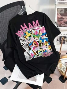THE POWERPUFF GIRLS X SHEIN Women's Casual Blossom, Bubbles, Buttercup Pattern Short Sleeve Black Oversized T-Shirt, Summer/Spring - Black - View 2