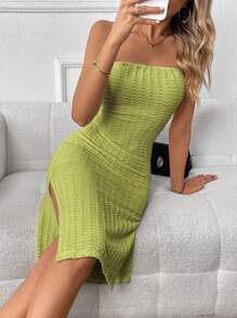 Firerie Women's Solid Color Strapless Side Slit Hem Fitted Fashion Dress - Avocado Green - View 3