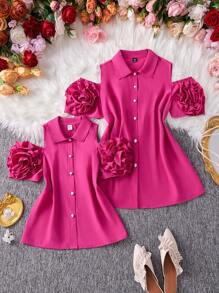 Plus Size Women Floral 3D Decorated V-Neck Shoulder Exposure Button Short Sleeve Blouse - Hot Pink - View 3