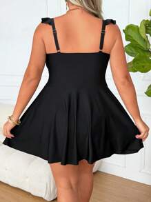 SHEIN CURVE+ Plus Size Women's Summer Ruffle Strap Drawstring Waist Tankini Swimsuit Set With Skirt - Black - View 2