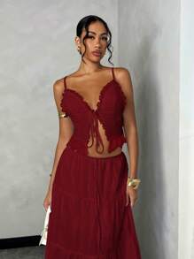 SHEIN BAE 女士夏季海滩度假浪漫约会日常穿着吊带背心蕾丝贴片系带短款上衣 + 低腰褶皱长裙套装，白色亚麻面料