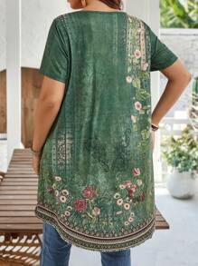 EMERY ROSE Plus Size Crew Neck Short Sleeve Floral Print Casual Blouse, Everyday Wear,Summer Outfits For Women/Summer,Tropical Vacation Woman Clothes - Green - View 2