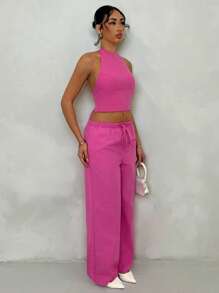Glamine 2pcs/Set Women Summer Cotton Solid Color Halter Backless Strap Camisole & Casual Pants Outfit, Suitable For Outing, Vacation, Beach, Holiday Attire - Hot Pink - View 4