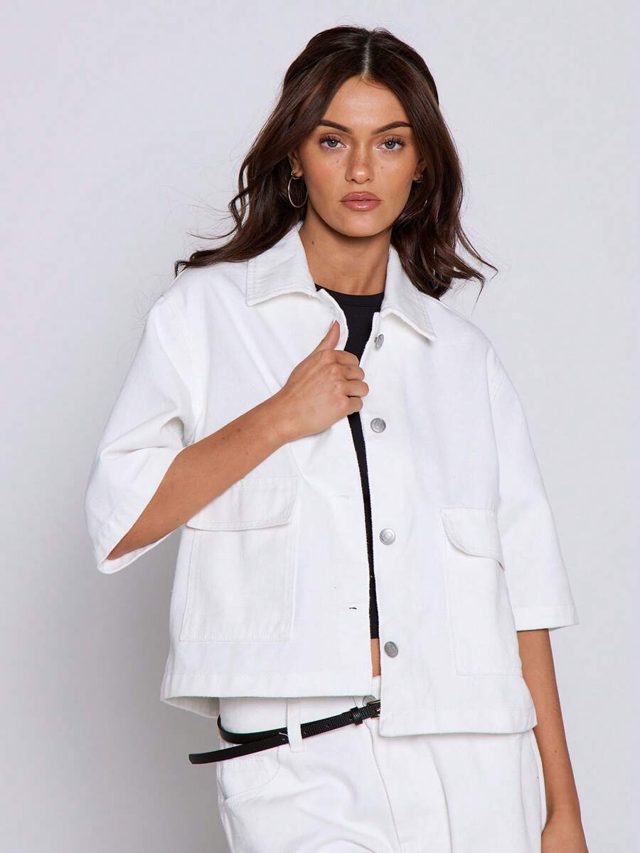 MUSERA Top d'été à manches mi-longues, col boutonné, coupe ample en jean. Idéal pour les festivals, les concerts, le style western, la rentrée, le bureau, le travail, le streetwear. Blanc, automne, printemps, décontracté, chic, bureau. - Blanc - Voir 1