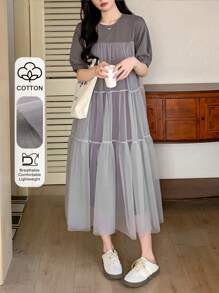 DAZY Women's Color Block Mesh Patchwork Short Sleeve Dress Summer - Grey - View 1