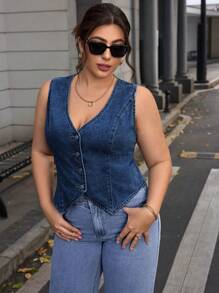 SHEIN Essnce 大码女式单排扣V领休闲牛仔背心夹克 - 深色水洗藍 - 查看 3