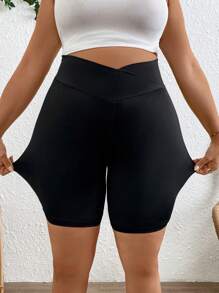 Plussiva Maternity Plus Size Solid Color Adjustable Waist Casual Shorts - Black - View 3