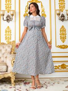 SHEIN Abito mini elegante con fiori minuti e pizzo a contrasto per donne in gravidanza, abiti eleganti estivi da donna, abito fluido estivo da maternità