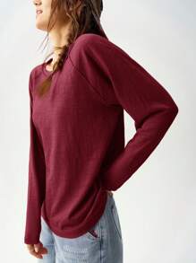 Bohemela Camiseta holgada de manga raglán de cuello redondo de punto de unicolor de vacaciones para mujeres
