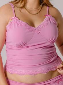 Aralina Áo camisole ôm sát, gợi cảm, chất liệu jersey, viền ren, dây buộc nơ, dành cho người có thân hình đầy đặn. - Màu Hồng Tươi - Xem 1
