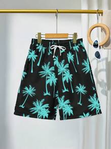 Teen Boy Palm Tree Print Beach Vacation Shorts - Black - View 1