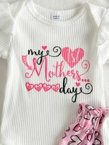 SHEIN 3 Pieces Set Newborn Baby Girl White Round Neck Ruffled Short Sleeve Letter Printed Jumpsuit With Pink Heart-Shaped Printed Bow Shorts And Headband, Fashionable And Cute, 0-3 Months, Soft Cotton Fabric, Suitable For Mother's Day, Holidays, Parties, Birthdays, Spring/Summer Outings, School, Casual, Vacation, Sports, Parties, Spring/Summer, Children's Clothing, Baby Girls' Apparel - Multicolor - View 3