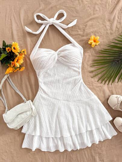 Soleia 女式加大码红色性感吊带前系带扭胸收腰迷你连衣裙，双层裙摆，适合春夏季度假