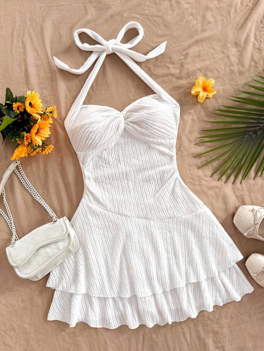 Soleia 女式加大码红色性感吊带前系带扭胸收腰迷你连衣裙，双层裙摆，适合春夏季度假