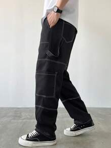 Manfinity Homme Men's Black Woven Fabric Long Pants With Zipper Detail And Contrast Stitching - Black - View 3