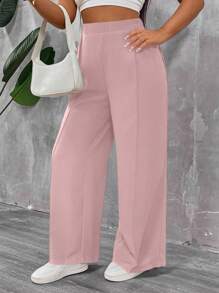 SHEIN PETITE CURVE Plus Size Pink Woven Fabric Casual Long Pants With Zipper Detail For Effortless Everyday Style  For Vacation Teacher Outfits For Women