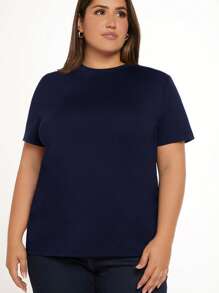 SHEIN BASICS Maglietta casual da donna oversize a girocollo, a tinta unita, a maniche corte - Blu Navy - Visualizzare 5