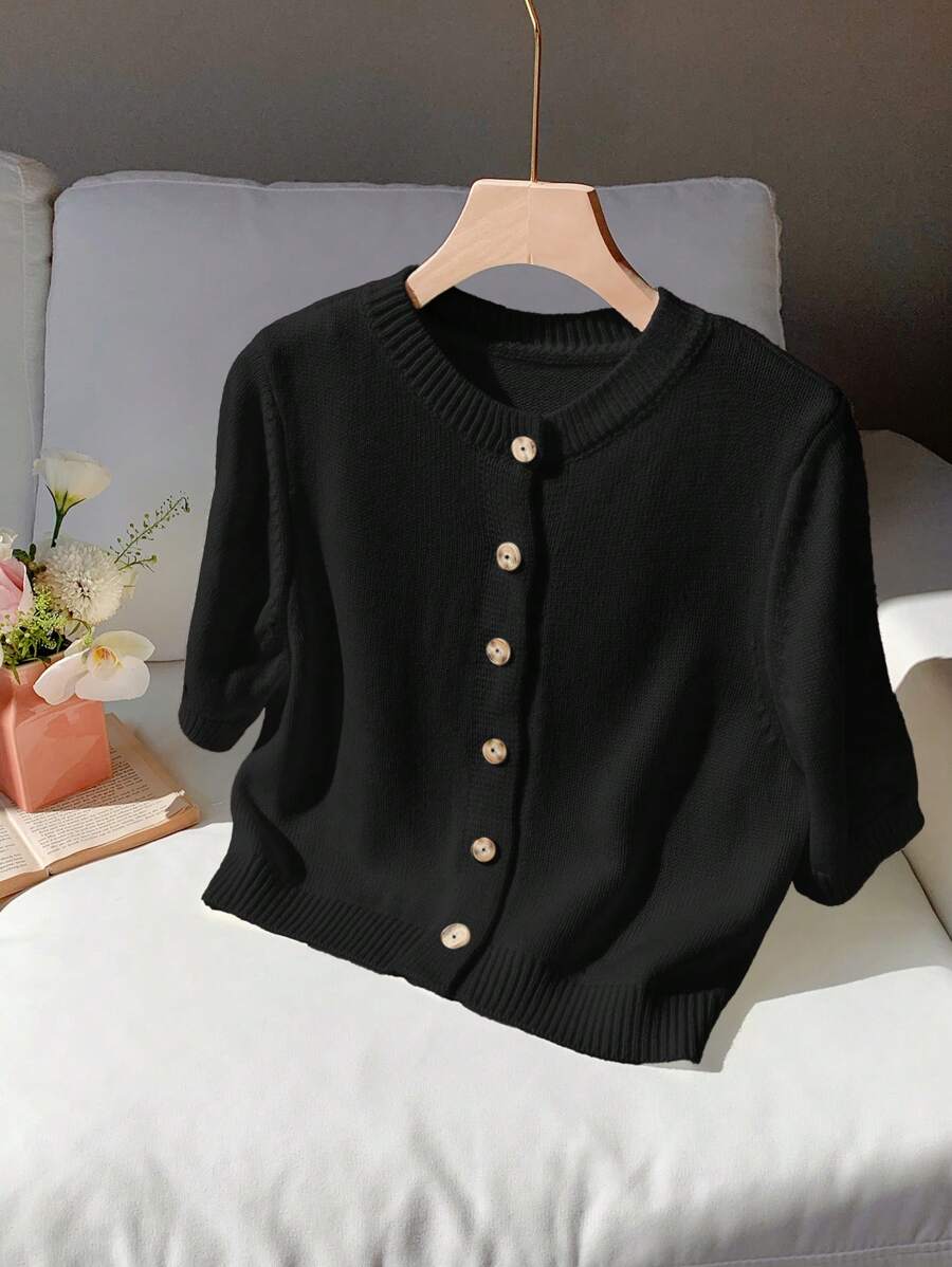 Comfortcana 女士纯色短袖开衫，简约风格，适合春秋季节 - 黑色 - 查看 1