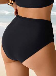 SHEIN Swim Women's Solid Color High Waist Sexy Beach Shorts, Spring/Summer - Black - View 2