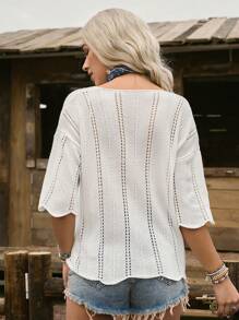 EMERY ROSE Maglia casual da donna con scollo a V, tessitura traforata, orlo asimmetrico e ondulato, adatta per festival musicali, maglia lavorata a maglia per l'autunno e l'inverno - Bianco - Visualizzare 2