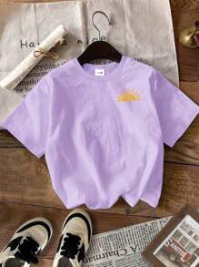 SHEIN 1pc Girls Fashion Casual Sunflower Colorful Letter Slogan Floral Print Loose Short Sleeve T-Shirt, Suitable For Summer Holiday Versatile Top