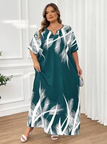 SHEIN CURVE+ Spring And Summer Autumn And Winter Elegant Navy Blue Woven Notched Kaftan Dress Plus Size Dresses - Green - View 9