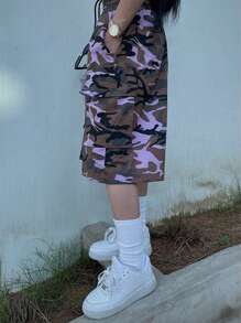 DAZY 女式休闲迷彩抽绳腰工装短裤街头服饰 - 淺粉色 - 查看 3