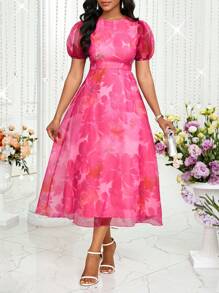 SHEIN Lady Women's Floral Print Round Neck Short Puff Sleeve Elegant Mid-Length Casual Dress Summer Dresses For Women Women Dresses Elegant Gown Women Casual Dress Work Summer Dresses Women Short Dresses Summer Women Plus Sun Dress