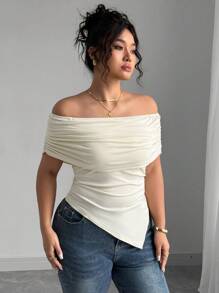 Elenzga Maglietta aderente con scollo quadrato, spalle scoperte, volant su orlo, per donna, elegante, per primavera/estate