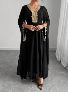 Elenzga Plus Size Chiffon V-Neck Ruffle Super Long Sleeve Formal Evening Party Dress - Black - View 6