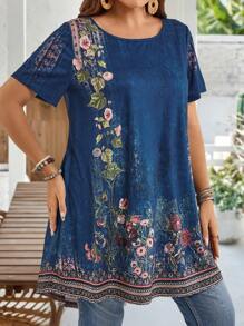 EMERY ROSE Blusa casual con cuello redondo y manga corta, con estampado floral, para uso diario, atuendos de verano para mujer/verano, ropa de mujer para vacaciones tropicales