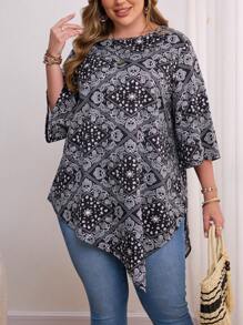 SHEIN VCAY CURVE Camisa casual con estampado y bajo asimétrico para mujer talla grande - Multicolor - Ver 5