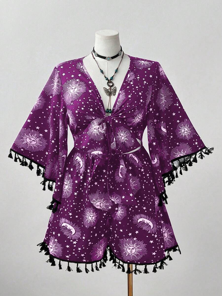 Flirla 大码女式波西米亚风V领系带流苏度假休闲连体裤 - 紫色 - 查看 1